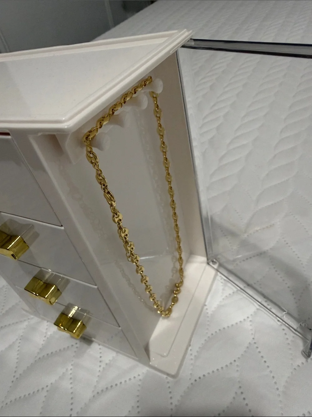 White and Gold Jewelry Organizer with Bow Drawer Pulls